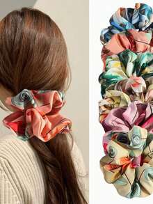 3pcs/Set Tropical Plant 3D Print Hair Scrunchies, French Bougainvillea Floral Hair Ties, Ponytail Holders - Multicolor - View 3