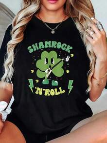 St. Patrick's Day Shamrock N' Roll Playing Guitars St Patrick's Day Irish T-Shirt Women's Round Neck Short Sleeve T-Shirt Fashion Graphic Tees Women Top - Black - View 6