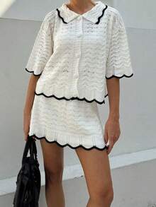 2pcs/Set Women's Collared Contrast Color Short Sleeve Knit Top And Mini Skirt, Fashionable Hollow Out Elegant Casual Lazy Beach Holiday Outfit, Comfortable Daily Commute Minimalist Short Dress Set - White - View 1