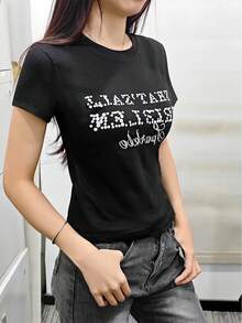 女士圆领短袖T恤，美式风格，夏季新款字母印花，修身时尚露脐上衣 - 黑色 - 查看 2