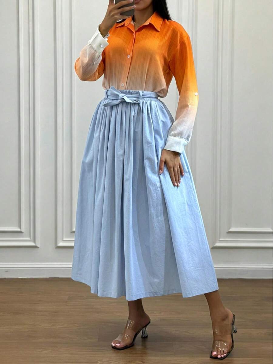 Conjunto de 2 piezas para mujer Vuslat Spring, con camisa de manga larga elegante y versátil con lazo en la cintura y falda de largo medio, ideal para ocasiones elegantes como fiestas, regreso a clases, graduación, citas nocturnas y cumpleaños - Multicolor - Ver 1