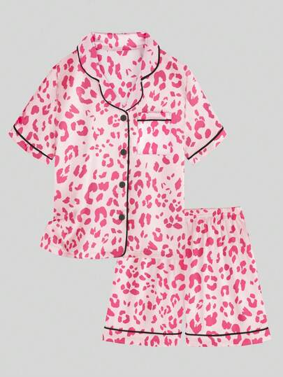 2pcs Tween Girl Leopard Print Pink Short Sleeve Shorts Pajama Set