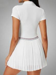 Never me 女士运动裙，内置短裤，带手机口袋、网球口袋，百褶裙裤，适合跑步锻炼，休闲优雅，松紧腰带 - 白色 - 查看 6