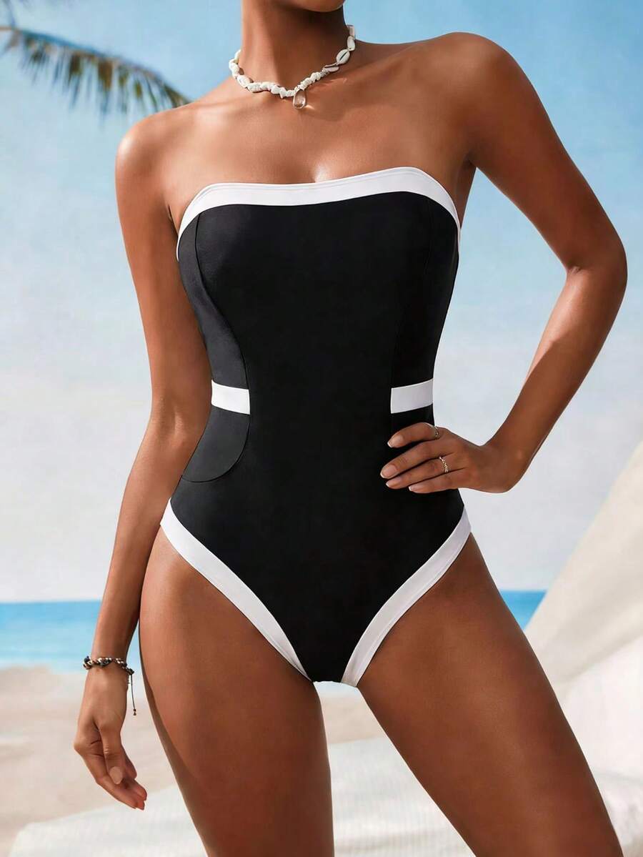 One Piece  Sexy    Knitted Fabric    Backless    Swimsuit  Vacation  Beach    Summer - 黑色 - 查看 1