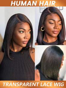 13x4 透明蕾丝前额隐形发际线假发，女士短卷发，180% 密度，100% 真人发 - Natural Black - 查看 2