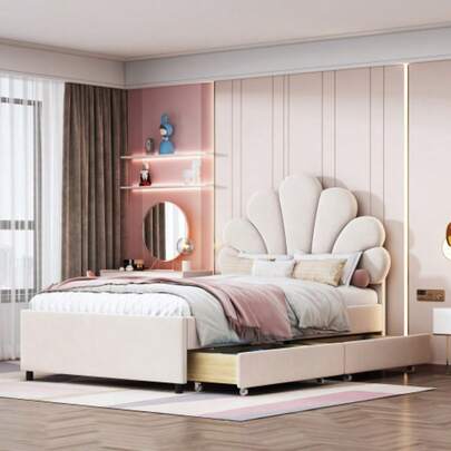 Polsterbett Kinderbett 90 X 200 Cm, Bettrahmen Mit Geblümtem Kopfteil Und Lattenrost, Mit 2 Ablagefächern, Mädchenbett-Gästebett Aus High-Freundlichem Samtstoff, Beige