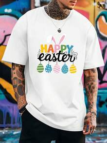 Felices Pascuas, Orejas de Conejo, Nueva Camiseta de Manga Corta para Hombre para Verano, Moda de Verano, Camiseta Básica Estampada para Hombre, Top Casual Versátil y Transpirable de Cuello - Blanco - Ver 3