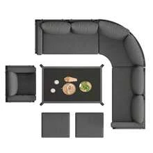 Halvmåneformad trädgårdssoffgrupp för 8 personer / Robust järnram med grå kuddar / Komplett med glasbord, 1 fåtölj och 2 pallar / Väderbeständiga utemöbler för balkong - Grå - Visa 9