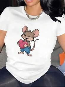Black Short-Sleeve T-Shirt With A Cartoon Mouse Heart Pattern, Made Of Durable Fiber Fabric, Lightweight And Comfortable, Suitable For Daily Use At Home, In The Office, Or For Casual Occasions, Perfect As A Valentine's Day Gift. - 白色 - 查看 1