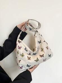 Fashionable Casual Large Capacity Tote Bag For Women, Spring/Summer New Linen Bag With Colorful Butterfly Pattern, Adjustable Shoulder Strap, Soft Crossbody Bag - Khaki - View 5