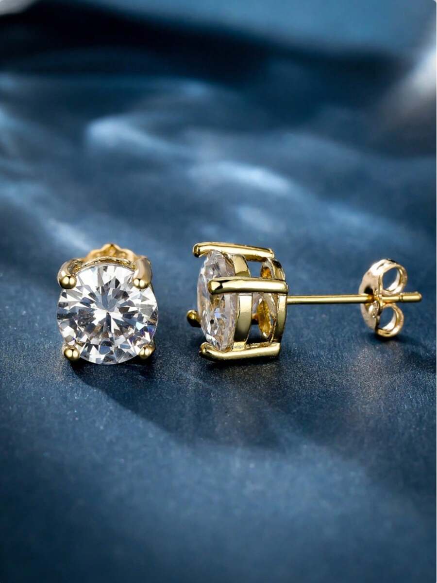1 par de pendientes minimalistas de 8 mm con cuatro garras y circonita redonda, pendientes sencillos unisex (los postes de los pendientes de cobre son suaves y se pueden ajustar) - Dorado - Ver 1
