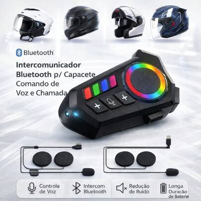 Fone de Ouvido Bluetooth para Capacete de Moto com Intercomunicador, Controle de Voz, Atende Chamadas e Música