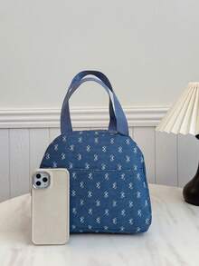 Portable Insulated Lunch Bag; Thickened Cute Fruit Lunch Bag For Students; Denim Bow Lunch Bag Lunch Box Cooler Bag Waterproof Large Capacity Picnic Outdoor Picnic Bag Lunch Bag For Women School Supplies Camping Essentials - Blue - View 2