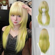 NAMM Tóc giả ombre xanh lá cây 24 inch cho nữ, kiểu tóc Hime, dài thẳng, nhiều lớp, có mái, trông tự nhiên, làm từ sợi tổng hợp cao cấp chịu nhiệt, thích hợp cho sử dụng hàng ngày, lễ hội âm nhạc và phong cách Sakura Glam, quà tặng - Phụ kiện tóc giả - màu xanh lá - Xem 12