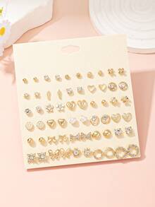 30 Pairs Metal Rhinestone & Faux Pearl Heart Shaped Bow Flower Stud Earrings Set, Suitable For Daily Wear, Gifts - Yellow Gold - View 2