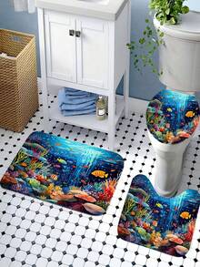 Ocean World Cartoon Series Bathroom Set - Bathroom Curtain, Polyester, Washable, 1pc/4pcs | Shower Curtain, Bath Mat, Toilet Seat Cover - A - View 9