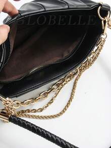 Women's Pleated Shoulder Bag, Fashionable Black Faux Leather Handbag With Multi-Layer Gold Chain Decor And Woven Strap, Suitable For Office, School, Business, Commuting, Outdoor, Travel, Work, Shopping, Gift For Friends, Casual Travel And Vacation, Matching Simple Outfits For Outdoor Leisure And Shopping - Black - View 11