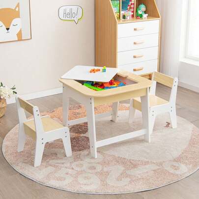  COSTWAY Kids Table And Chair Set, 2 In 1 Children Activity Table With Removable Double Sided Tabletop & Storage Space, 3-Piece Toddler Furniture Set For Drawing, Reading, Art, Craft, Playroom, Nursery, Yellow
