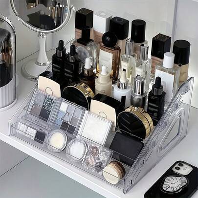 1 pieza Estantería de almacenamiento de cosméticos de acrílico, soporte de exhibición de maquillaje, caja de almacenamiento de escritorio multifuncional con 7 niveles escalonados, adecuado para salón de uñas, pintura acrílica y exhibición de lápices labiales, diseño multinivel para almacenar herramientas y accesorios de uñas, aplicable para baño, dormitorio, escritorio, tocador, material de plástico transparente, almacenamiento de escritorio, almacenamiento de tocador, plástico transparente, estantería de perfumes