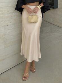 优雅女士梭织面料中长半身裙，修身款式，带拉链细节，无弹力设计 - 杏色 - 查看 4