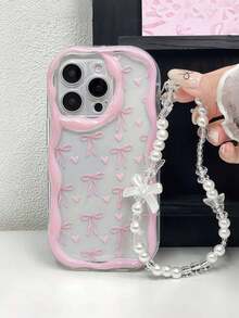 粉色蝴蝶结爱心印花搭配粉色波浪珍珠链手机挂绳套装，适用于 17 16 15 14 13 12 11 Pro Max 14 15 16 Plus XS XR X 8 7，国际版，非国内版 - 無色 - 查看 3