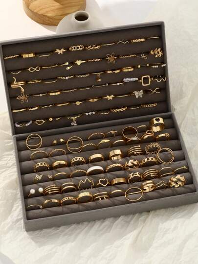 24/66pcs Women Vintage Fashion Elegant Gold-Tone Rings Set, Includes Leaf, Heart, Snake, Butterfly, Square Rings, Suitable For Daily Wear, Parties, Weddings, Stackable Rings Gift Set For Her