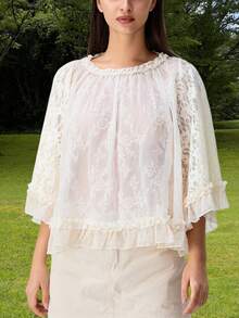 Women Lace 3/4 Sleeve Mesh Top Y2k Floral Embroidery Round Neck Solid Color Ruffled Sheer Blouse See Through Flowy Poncho Tops Oversized Mesh Poncho Blouses Beach Cover Up Cropped T Shirts Tops Coquette Clothes Vacation Streetwear - 白色 - 查看 7