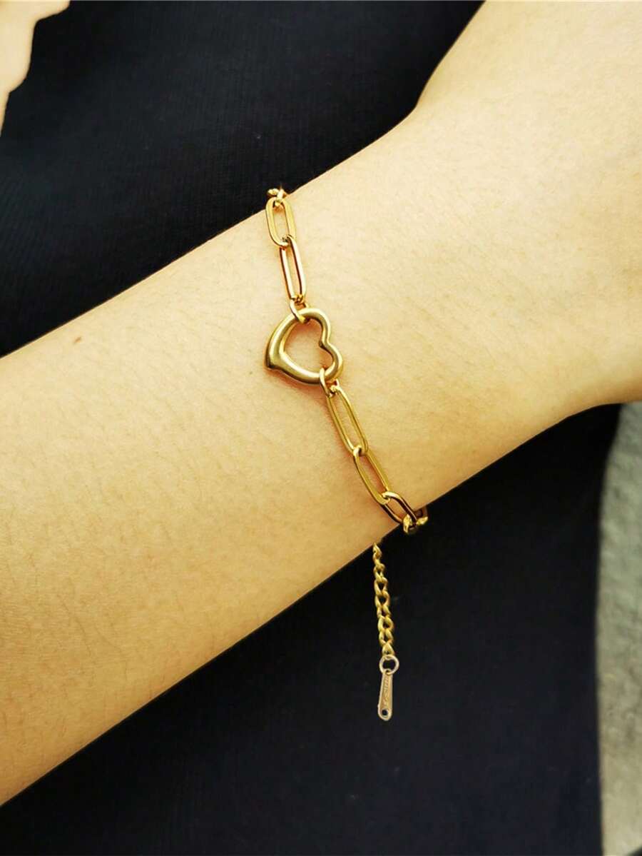 1pc Stainless Steel Waterproof Non-Fading Paperclip Link Chain Bracelet, Suitable For Women's Daily Wear - Gold - View 1