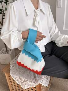 lulu kewen 女士条纹图案钩编打结包，单件装迷你钩编包，手提包，条纹图案针织钩编，透气轻便，可折叠口袋，适合放置手机、零钱、钥匙、雨伞、化妆品、口红、香水、书籍等 - 防污，敞口设计，时尚女士手提包 - 彩色 - 查看 9