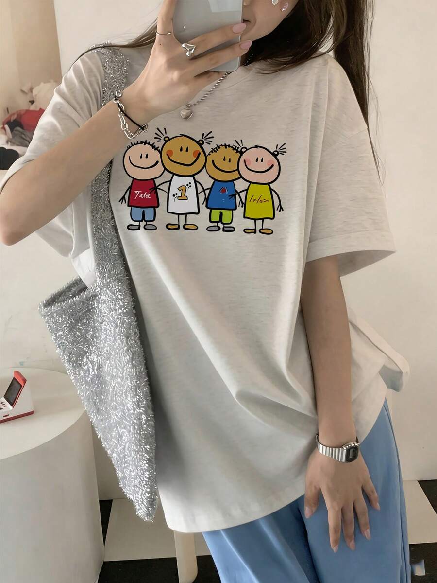 日系女式圆领宽松休闲卡通印花短袖T恤，春夏款 - 淺花灰 - 查看 1