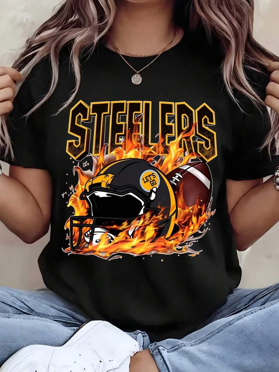 Unisex Steelers Helmet Flame Pattern Printed T Shirt For Football Fans Game Day And Team Spirit Events Family Couple Out - Black - View 1