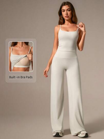 TimeOff 1 Set Women Solid Color Spaghetti Strap Removable Padded Camisole And Straight Leg Relaxed Fit Pants Activewear Set