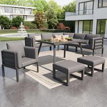 Halbmond-Shaped Gartensofa-Set For 8 Personen / Robustes Eisengestell Mit Grauen Polstern / Komplett Mit Glastisch, 1 Sessel & 2 Hockern / Wetterfeste Terrassenmöbel Für Balkon - 1 - View 11