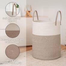 Cotton Rope Laundry Basket, 58L Woven, Collapsible Laundry Basket, Laundry Basket With Reinforced Handles For The Laundry Room, Tall Cotton Storage Basket With Handles, Decorative Blanket Basket For Living Room, Bedroom, Bathroom, Brown. - 60L màu trắng + nâu - Xem 3