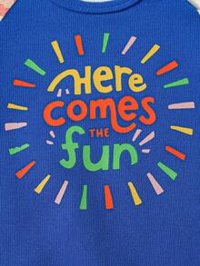 男婴彩色印花连体衣，按扣设计，撞色拼接插肩袖，方便换尿布，适合新生儿拍照 - 藍色 - 查看 6