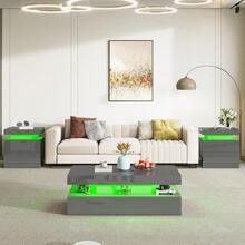 Coffee Table With LED Light, Modern High Gloss Finish Center Table With 2-Tier Storage Space, Minimalist Coffee Table For Living Room - Xám - Xem 3
