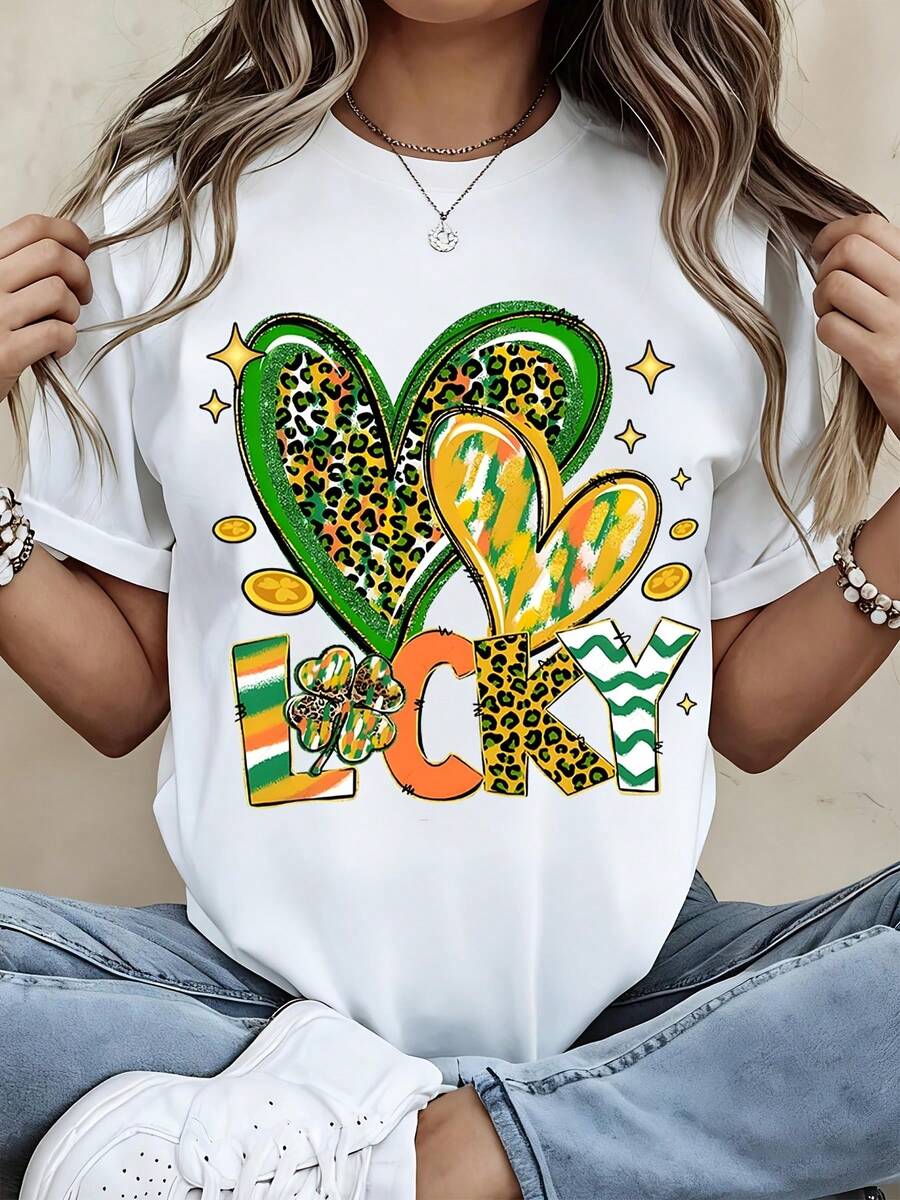 Lucky Shamrock Leopard Print T Shirt Black St Patrick's Day Celebration Graphic Tee For Women Party Outfit Lucky Charm Design - 白色 - 查看 1