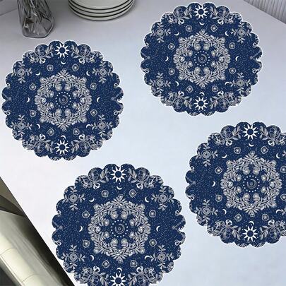4 Piezas / 6 Piezas / 8 Piezas Manteles de mesa de cocina con patrón de mandala azul. Manteles redondos. Individuales redondos. Decoraciones de mesa para festivales. Decoraciones del hogar de temporada, con un tamaño de 35 cm * 35 cm. Diseño redondo. Decoraciones de festival, hechas de material de lino grueso y de alta calidad.