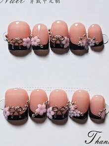 10片装 Y2K Baddie 黑粉色金属蝴蝶结装饰短方形法式美甲贴片，可爱百搭人造指甲贴片，美甲用品 - 彩色 - 查看 1