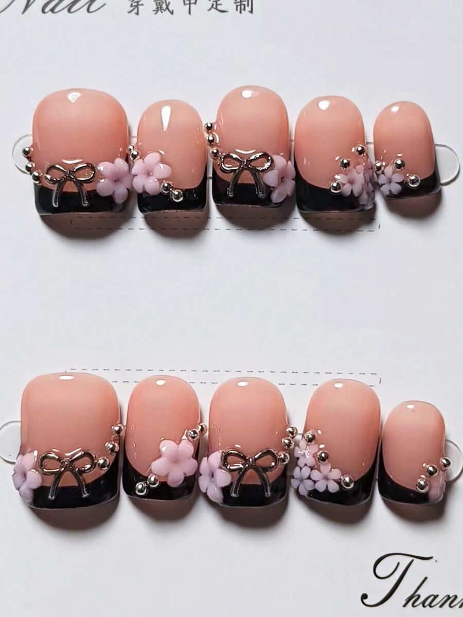 10片装 Y2K Baddie 黑粉色金属蝴蝶结装饰短方形法式美甲贴片，可爱百搭人造指甲贴片，美甲用品 - 彩色 - 查看 1