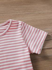 女童夏季短袖T恤+背带裤两件套，幼儿条纹休闲装 - 粉色 - 查看 4