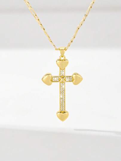 1pc Classic European Style Copper Inlaid Zirconia Heart Jesus Cross Pendant Necklace, Limited Edition "Light Of Protection", Suitable For Christmas, Thanksgiving, Halloween, Mother's Day, Valentine's Day, Gifts For Couples, Friends, Believers, First Holy Communion, Daily Wear And Prayer