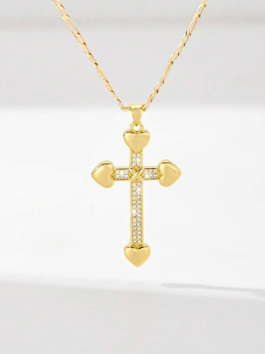 1pc Classic European Style Copper Inlaid Zirconia Heart Jesus Cross Pendant Necklace, Limited Edition "Light Of Protection", Suitable For Christmas, Thanksgiving, Halloween, Mother's Day, Valentine's Day, Gifts For Couples, Friends, Believers, First Holy Communion, Daily Wear And Prayer - Yellow Gold - View 1