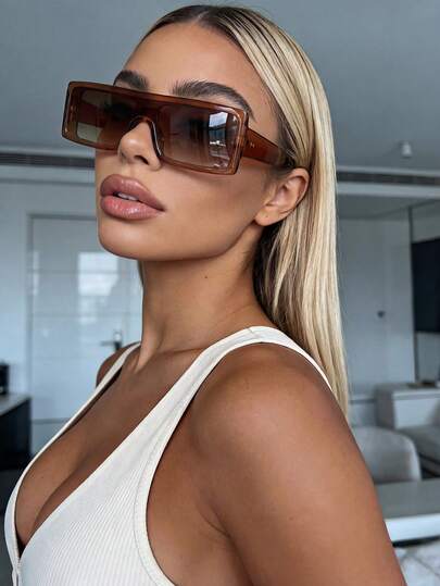 Y2K Integrated Lens Rectangular Small Frame Sunglasses, Brown Plastic Street Style Unisex Fashion Personalized Decorative Outdoor Travel Beach UV Protection Glasses