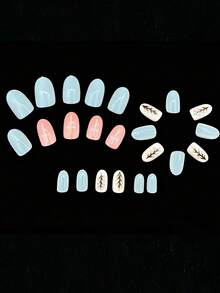 24片椭圆形浮雕美甲贴纸，春夏马卡龙蓝粉色花卉图案，可重复使用，易于粘贴，营造清新春日氛围，柔和的马卡龙色调，适合女性约会、工作、派对等场合，艺术美甲装饰，提升您的时尚风格！ - 彩色 - 查看 4