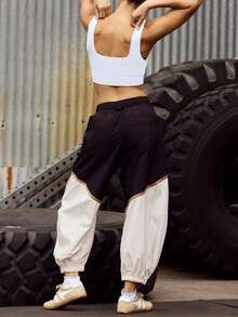 Women's Baggy Wide Leg Pants Color Block Jogger Cuffs Elastic Waist Pockets Gym Daily - Black - View 7