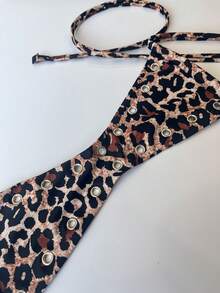 Set bikini sexy de vară pentru femei, cu imprimeu leopard, stil boem, cu decor de inel metalic și dantelă, două piese, potrivit pentru plajă, vacanță, petrecere la piscină, Ziua Îndrăgostiților - Maro - Vizualizare 5