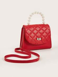 1个女童时尚公主风绗缝金属蝴蝶结珍珠迷你手提包，配链条肩带，适合日常外出和搭配服装 - A - 查看 13