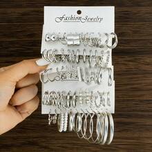 60 Stück/Set Damen C-förmiger Perlen asymmetrischer verdrehter Retro Legierung Ohrringe Set, geeignet für den täglichen Gebrauch, Partys, Hochzeiten, Urlaub, Dates - Verschiedenfarbig - Übersicht 7
