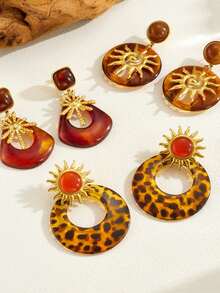 1Pair Temperament Retro Geometric Brown Resin Diamond Hollow Circle Leopard Print Pendant Gold-Plated Small Flower Sun Face Accessory Jewelry Earrings - Hollow Sun - View 6